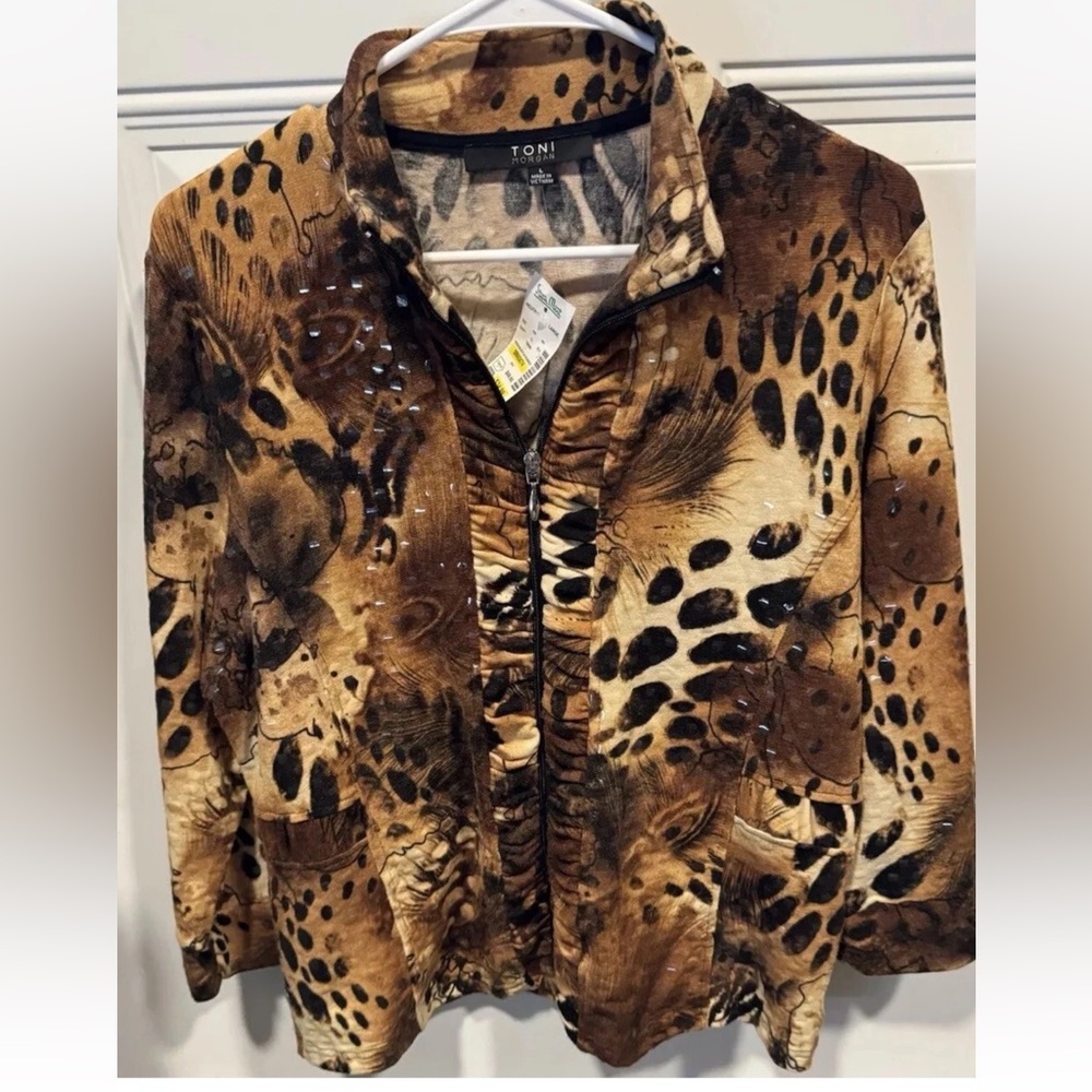 Toni Morgan Animal Print Zip Jacket Women SZ L Multicolor Retro Boho Stylish NWT